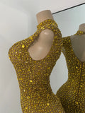 Gold Party Evening Short Dress Sparkly Diamonds Luxury Elegant Mesh See Throught Cocktail Birthday Clothing Night Club Show Wear