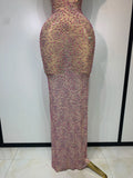 Women Sexy Backless Pink Diamond Mesh See Through Long Dress Evening Club Party Celebrity Elegant Stage Performance Costume
