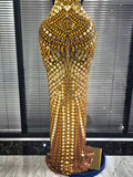 Gold Luxury Long Dress Rhinestones Women Singer Mirror for Celebrity Evening Party Catwalk Prom Outfit Stage Photo Shoot Dresses