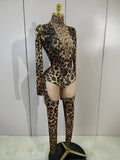 Sexy Sparkly Diamonds Leopard Print Bodycon Stretch Jumpsuit Women Eveing Party Nightclub Singer Dancer Stage Performance Outfit
