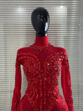 Singer Show Leotard Gogo Drag Queen Outfit Women Sexy Red Rhinestone Jumpsuit Stage Performance Costume Bar Club Birthday Party