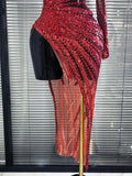Heavy Red Sparkly Crystal one shoulder Split Dress Sexy mesh see Transparent Birthday party latin outfit Celebrate show Designer
