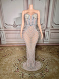 Evening dress for birthday party Blue Host Heavy Industry Beads Mermaid Toast Off-Shoulder Wedding Dress