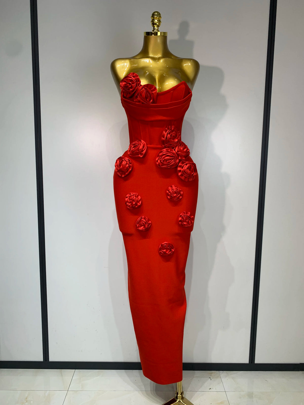 Newest Women Sexy Strapless Backless Red Flower Midi Bandage Dress Celebirty Elegant Evening Club Party Birthday Dresses