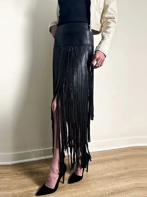 Women Faux Leather Fringe Midi Skirt High Waist Layered Tassel Slim Fit Skirts 2026 Spring Autumn Fashion Elegant Lady Outfit