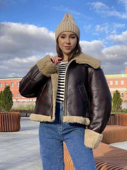 Women Faux Fur Leather Jacket Casual Lady Lapel Zipper Short Coat High Street Motorcycle Outwear