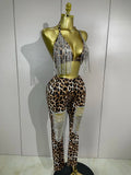 2026 New Sparkly Rhinestones Chains Leopard Print Bikini Top Pants Two Pieces Set Women Sexy Party Birthday Nightclub Stage Wear