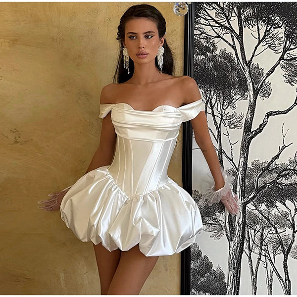 Elegant Fishbone Bandage Short Women's Dress Satin Off Shoulder Waist Cinched Party Dresses 2026 Summer Lady Wedding Vestidoes