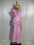 Elegant Celebrity Evening Party Prom Gown Fashion Luxury Birthday Dresses Women Pink 3D Flower Sexy Sleeveless A-Line Long Dress