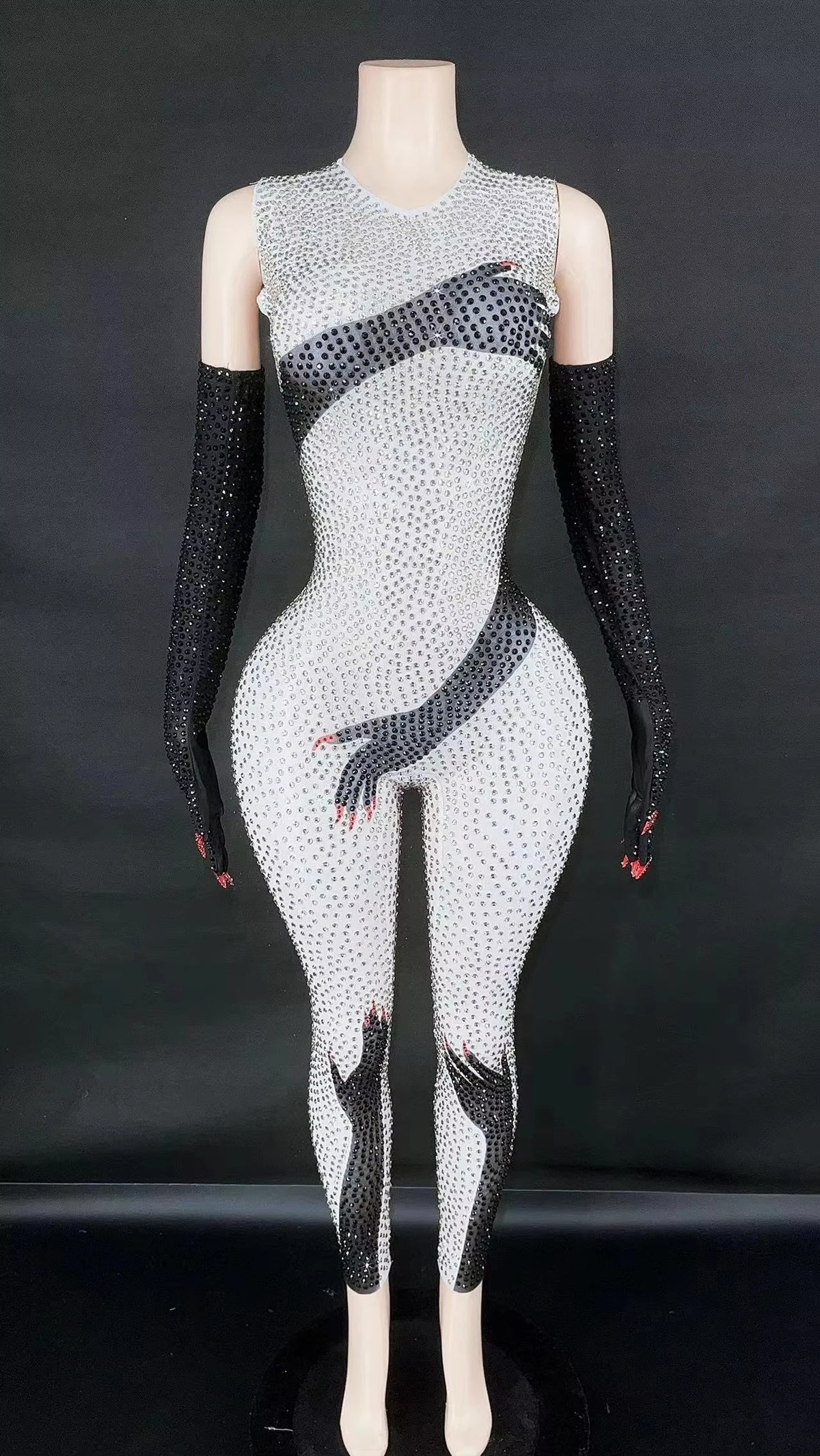 Black Hands Touch Shinny Body Sexy Women Jumpsuit Carnival Cosplay Bodysuit With Gloves Beyonce Dress