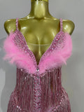 2026 New Sexy Nightclub Bar DJ Performance Dancer Stage Costume Sparkly Rhinestones Feathers Tassels Mesh See Through Bodysuits