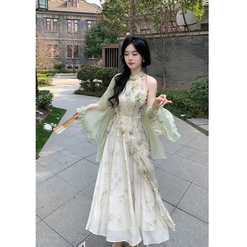 Olive Girl Flowing Sleeve Qipao for Ren Faire 2026 Garden Wedding Fairycore Photoshoot Everyday Wear S-XXL XS-3XL Plus Size Flowing Sleeve Romantic Cottagecore Garden Party Editorial Not Costume Qipao Cheongsam Chinese Dress Chinese Heritage Fashion Women
