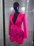 Women Long Sleeve Shining Beading Sequins Sexy V-Neck Bodycon Slim Mini Dress Bar Singer Celebrate Nightclub Party Outfit