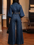 Women Suit Two Piece Denim Outfit Cropped Top Pleated Wide Leg Pants Puff Sleeve Vintage Streetwear Autumn