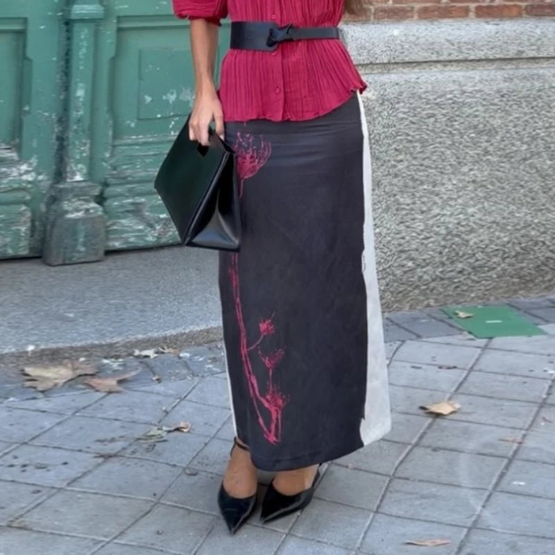 Women Color Block Floral Print Midi Skirt High Waist Straight Satin Long Skirt 2026 Fashion Chic Elegant Party Ofice Daily Wear