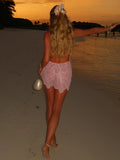 Solid Embroidered Lace Dresses for Women Square Collar Sleeveless Wavy Scalloped Hem Skirt for Tropical Sunset Trip