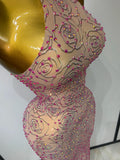 Women Sexy Backless Pink Diamond Mesh See Through Long Dress Evening Club Party Celebrity Elegant Stage Performance Costume