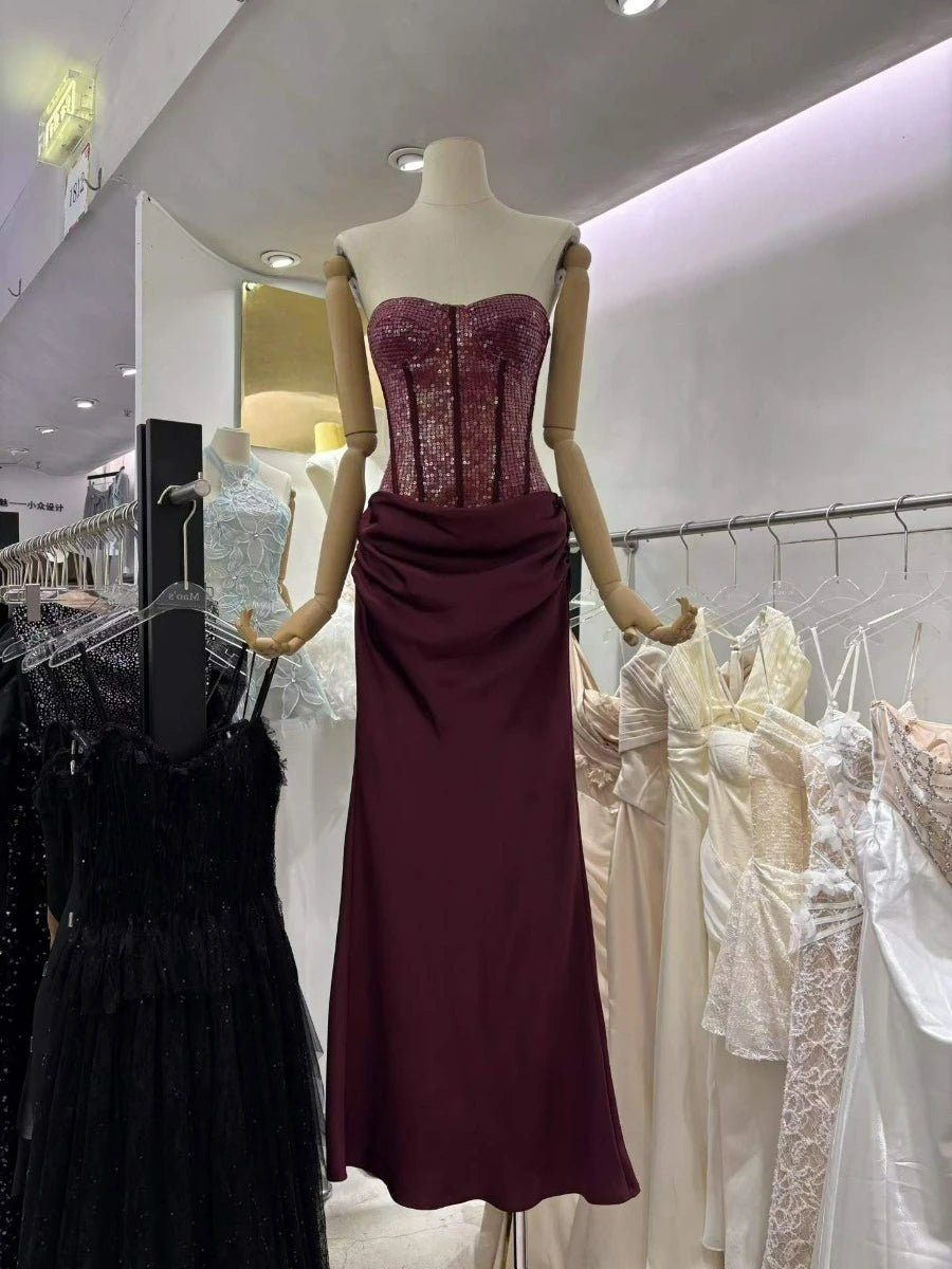 Luxury Strapless Corset Mermaid Maxi Dress for Women Lace Bodice Satin Ruched Skirt for Formal Evening Party Prom Long Gown