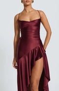 Sexy Satin Long Dress Luxury Ruffles Backless Bandage Evening Dresses Red Burgundy Blue Wedding Guest Cocktail Party Summer New