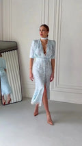 Deep V Neck Printed Ribbon Dress  Elegant Women Lace Patchwork Button Waist Cinching High Split Dress Lady Party Vestidos