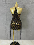 Sexy Crystal Mesh Halter Mini Dress Women Sheer Sequin Embellished Bodycon Outfit Birthday Party Nightclub Performance Costume