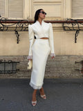 White Ruffle Stand Collar Peplum Skirt Set Romantic High Neck Long Sleeve Slim Co-ord 2026 Spring Wedding Dating Party Outfit
