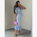 White Pink Floral Choker Neck Dress Women Elegant V-neck 3/4 Sleeves Peplum Ruffle Hem Long Dresses 2026 Lady Daily Vestidos New