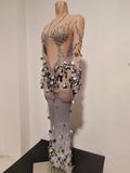 Women Sexy Sparkly Diamonds Sequins Long Sleeves Mesh See Through Long Dress Luxury Birthday Evening Party Nightclub Stage Wear