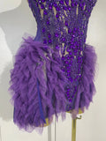 Sexy Purple Mesh See Through Purple Long Sleeves Mini Dress Luxury  Diamonds Birthday Evening Party Bar Nightclub Stage Costume