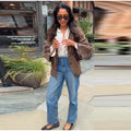 Women's Brown Knitted Cardigan Fashion Turn Down Collar Single Breasted Pockets Sweater Lady 2025 Autumn Casual Street Outerwear