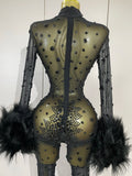 Luxury Diamond Black Mesh Transparent Stretchy Long Sleeve Jumpsuit Women Sexy Performance Singer Costume Nightclub Outfit