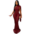 Sexy Sheer Lace Dress Women One Shoulder Cape Sleeve Evening Party Night Out Backless Prom Bodycon Maxi Dress Robe Femme