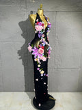3D Floral Rhinestone Halter Maxi Bodysuit Dress Women Deep V Mesh See-Through Long Gown Carnival Rave Festival Performance Costume