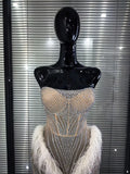 Women Sexy Strapless Sparkly Diamonds Tassel Mesh See Through Dress Celebrate Birthday Evening Party Nightclub Stage Costume