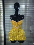 Luxury Sparkly Sequins Diamonds Mesh Gold Short Skirt Birthday Dress Women Sexy Dance Performance Costume Singer Stage Outfit