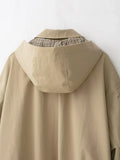 Khaki Hooded Cropped Jacket Faux Two‑inner Zip‑up Plaid Fabric Drawstring Bottom Women Coats Spring Autumn Casual Daily Outfits