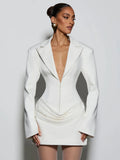 Elegant Office Dress Women Sexy Single-Breasted Hidden Buttons V-Neck Full Sleeve Folds Fashion Commute Bodycon
