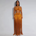 Women's Beach Style 2 Piece Set Sexy Strappy Top+Fringe Maxi Skirt Matching Set Summer Outfits Vacation Party Clubwear
