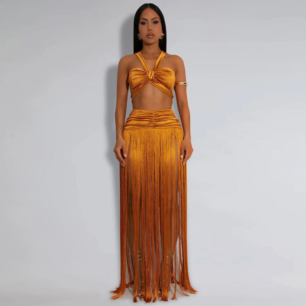Women's Beach Style 2 Piece Set Sexy Strappy Top+Fringe Maxi Skirt Matching Set Summer Outfits Vacation Party Clubwear