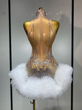 Luxury Women Sexy Sparkly Rhinestone Sleeveless Mesh See Through Bodycon Mini Birthday Dress Evening Party Performance Costume