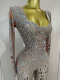 Sexy Perform Costume Sparkly Rhinestones Sequins Long Sleeves Print Jumpsuit Women Evening Party Birthday Nightclub Stage Wear