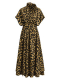 High Neck Midi Maxi Dress for Women 3D Floral Applique Cap Short Sleeve A Line Flowy Leopard Polka Dot for Casual Shopping