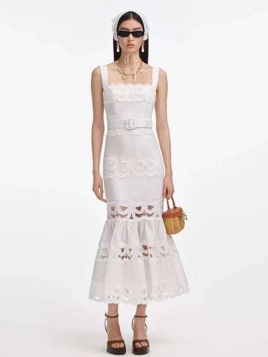 Solid Elegant Spliced Hollow Out Dress for Women Square Collar Sleeveless Patchwork Sashes High Waist Bodycon Dresses Female