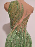 Women Sparkly Rhinestones Tassel Green One Shoulder Sexy See-Through Dress Latin Dance Outfits Bar Nightclub Party Stage Costume
