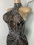 Sparkly Rhinestone Shining Women Sexy Bodycon See Through Irregular Hem Mini Dress Birthday Party Performance Costume