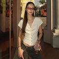 Women Summer Top Fashion Button-Front Patchwork V-Neck Pleated Fitted Top New Casual High-Street Party Female T-Shirts
