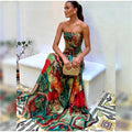 Lady Printed Strapless Dress Elegant Fashionable Colorful Waist Pleated Long Gowns Women Summer New Vacation Party Robes 2025