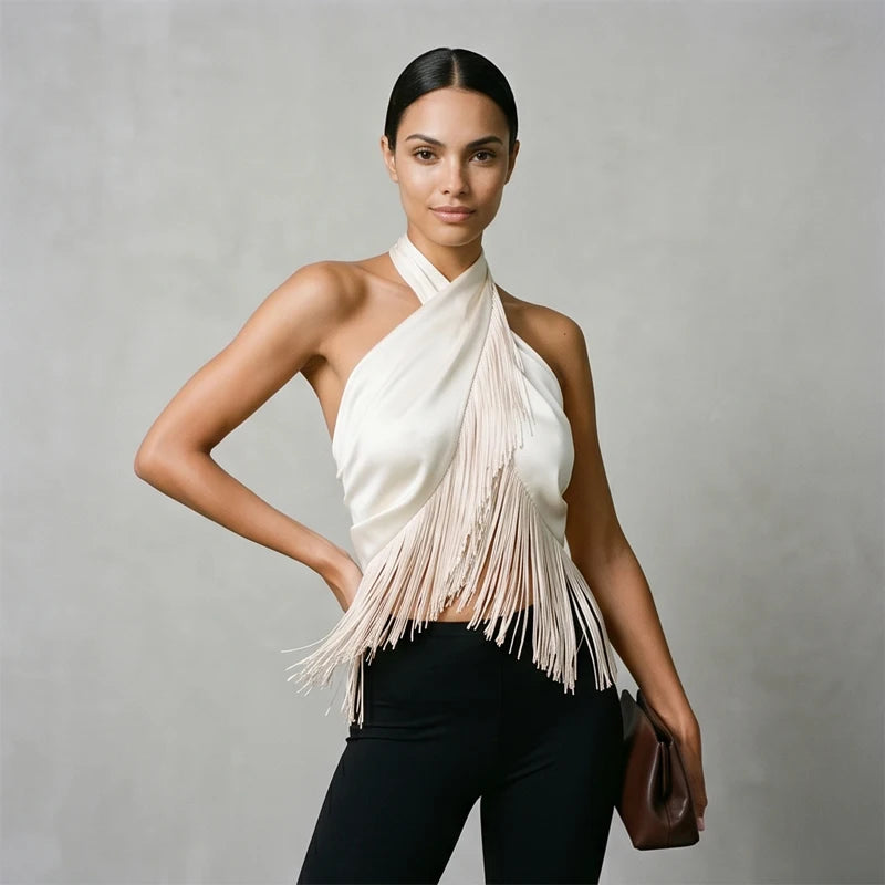 Beige Satin Halter Neck Top Chic Tassel Fringe Detail Sleeveless Cross Front Cropped Vest 2026 Women Summer Daily Street Wear