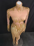 Sparkly Rhinestone Golden Sequins Tassel Sexy Transparent Dress Women Evening Birthday Party Nightclub Dance Singer Stage Outfit
