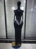Women Sexy Off the Shoulder Mesh See Through Shining Rhinestone Bodycon Long Dress Gloves Celebrate Evening Party Cocktail Wear